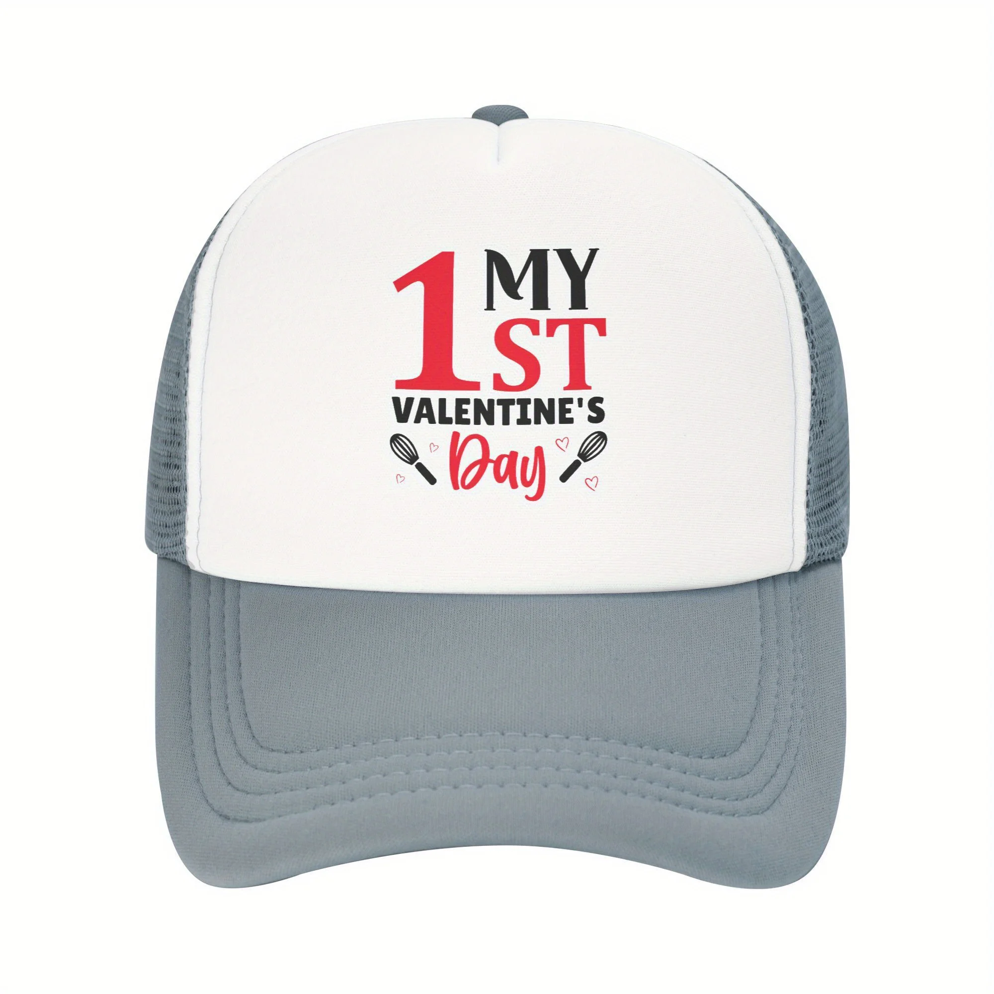 Chapéu de caminhoneiro para comemoração do meu primeiro dia dos namorados, malha de poliéster, boné ajustável, casual, para adultos