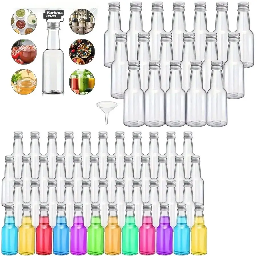 10 Pcs or 30 Pcs 1.7 Oz/50 ml Mini Wine Plastic Bottles with Lid and Funnels - Compact, Reusable and Leak-Proof Container for Cocktail Party, Wedding and Gift Basket - Including Ginger and Hot Sauce Bottles