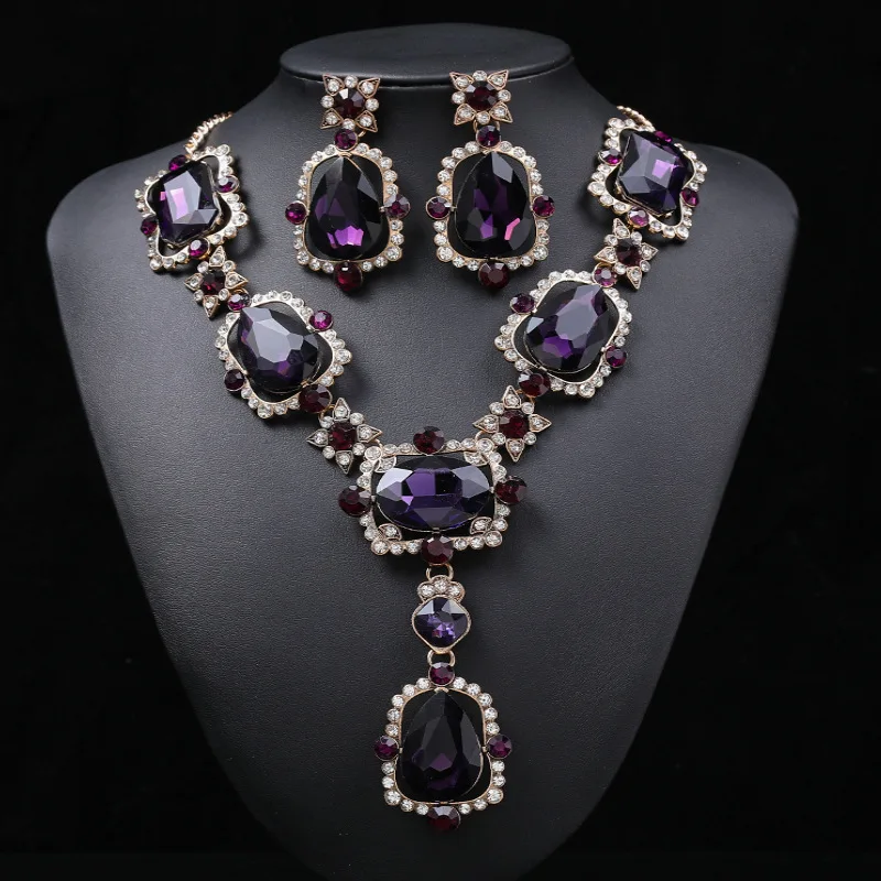 Luxury Big Rhinestone Bridal Jewelry Sets for Women Geometric Crystal Pendant Necklaces Earrings Set Wedding Costume Jewelry Set