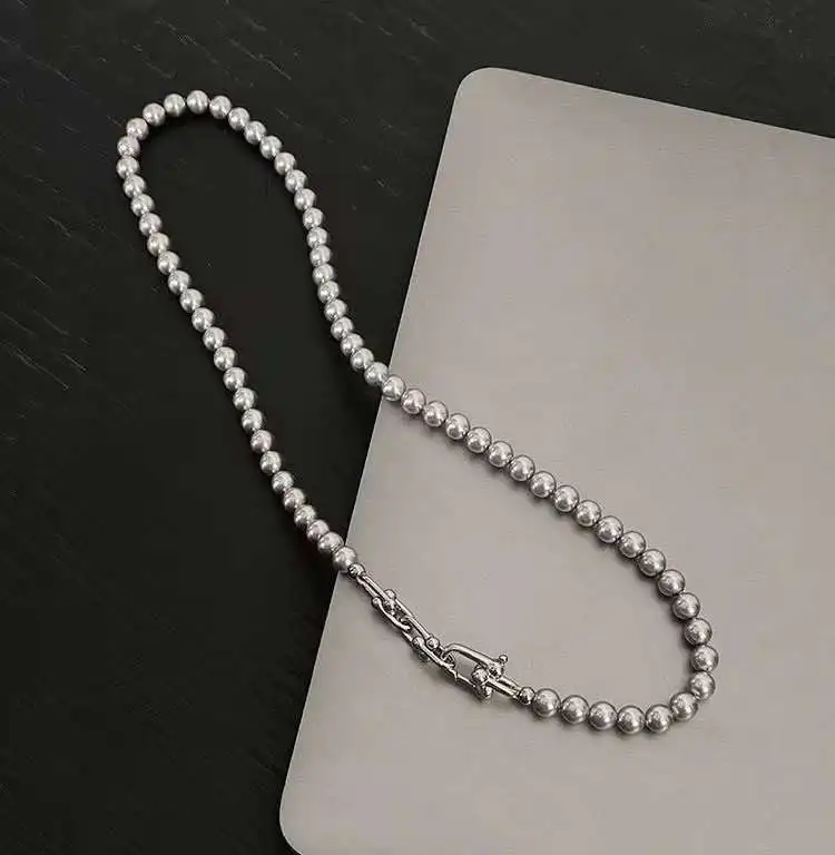 

N 45CM Long Crystal Pearl Necklace 6mm Japanese Akoya Blue Gray Artificial Pearl Necklace with Horseshoe Buckle