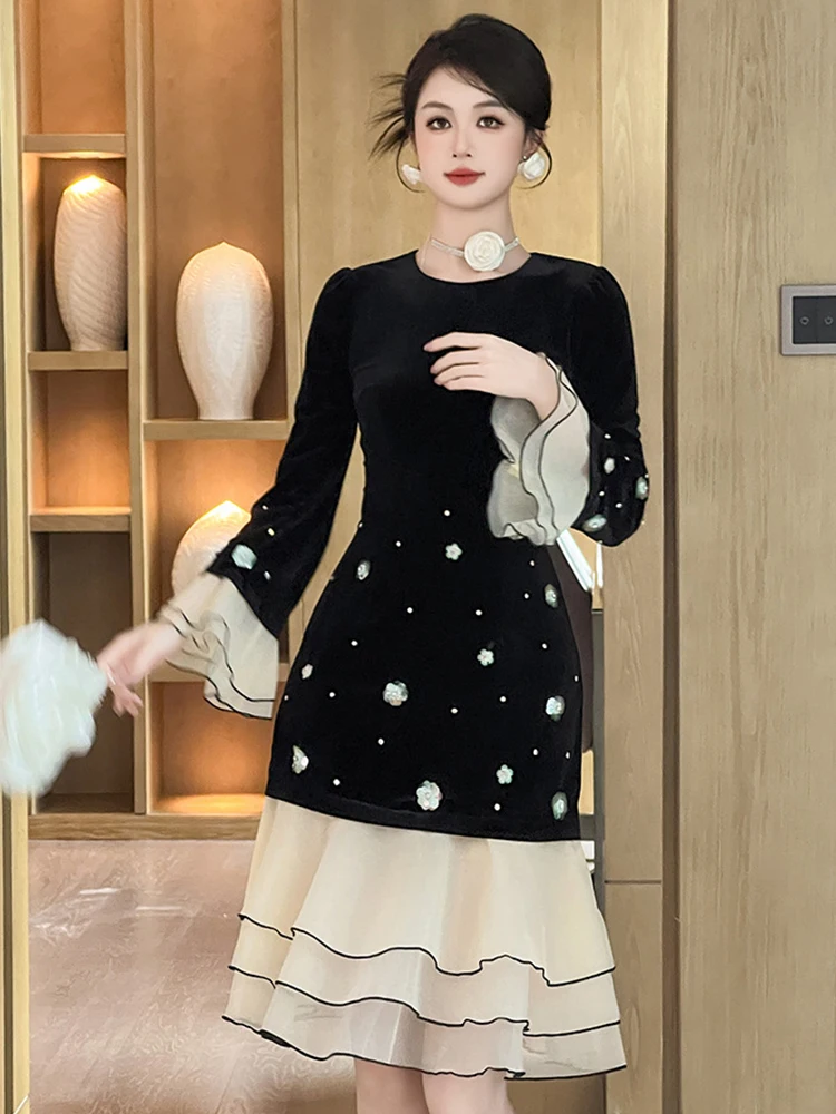Elegant Birthday Cocktail Party Cake Dress Women\'s Clothing French Lovely Sequins Flower Diamond Robe Catwalk Vestidos Fiesta