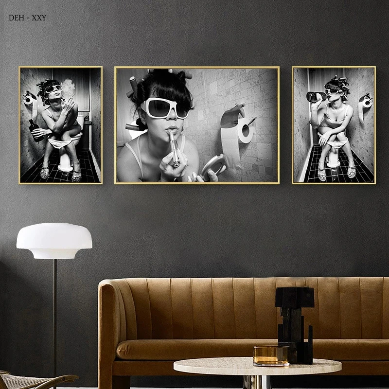 

Bar Bathroom Wall Decoration Canvas Painting Smoking and Drinking Girl Boy Posters Retro Toilet Wall Art Picture for Home Decor