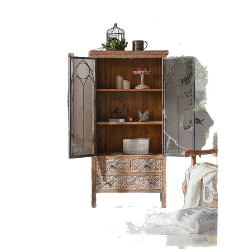 

Solid wood dining side cabinet, wrought iron homestay wine cabinet, entrance door, high cabinet, storage cabinet