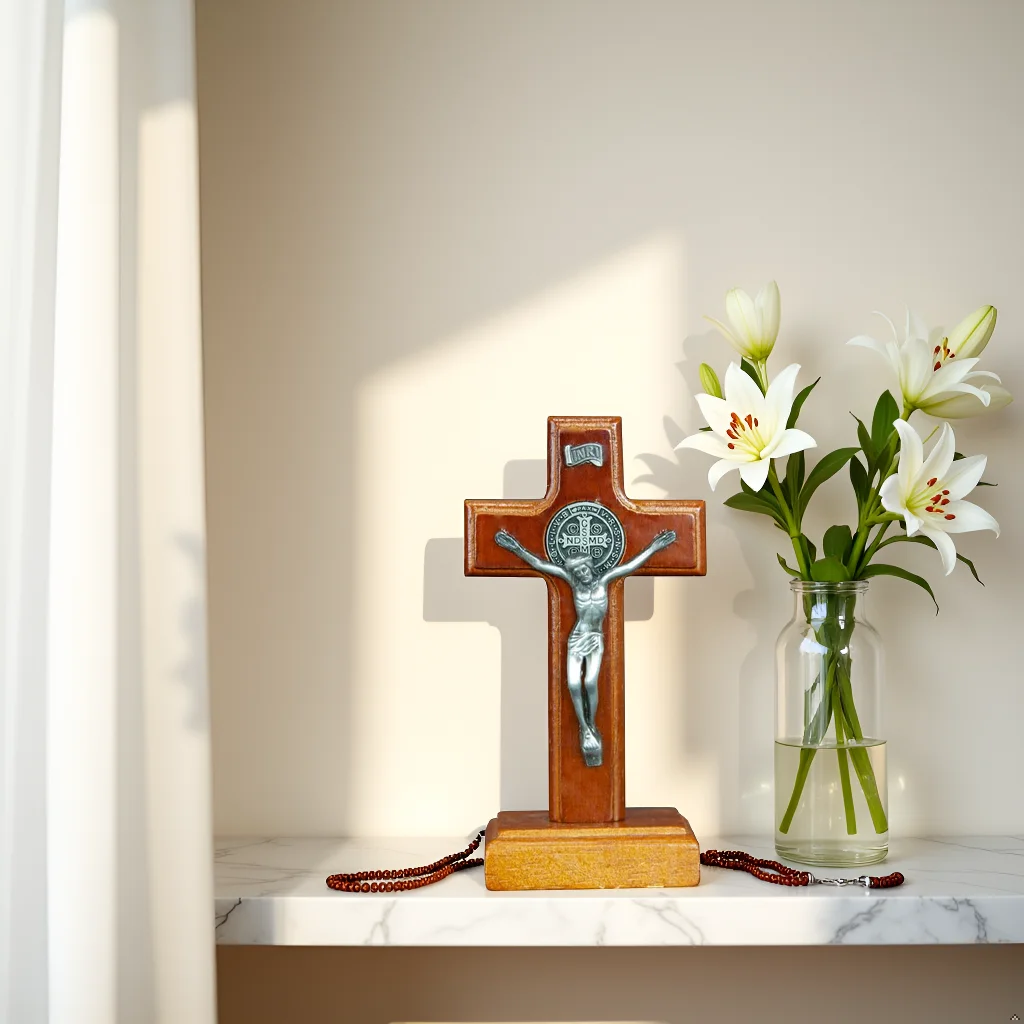 

Catholic Wood Cross Jesus St Benedict Medal 4.3In Car Home Altar Decor Christian Spiritual Gift Handmade