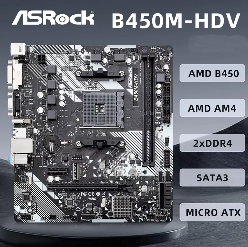 اللوحة الأم ASROCK B450M-HDV AMD B450 شرائح وحدة المعالجة المركزية تدعم Ryzen 9 5950X Ryzen 7 5800X3D، 2 x DDR4 64GB Micro ATX