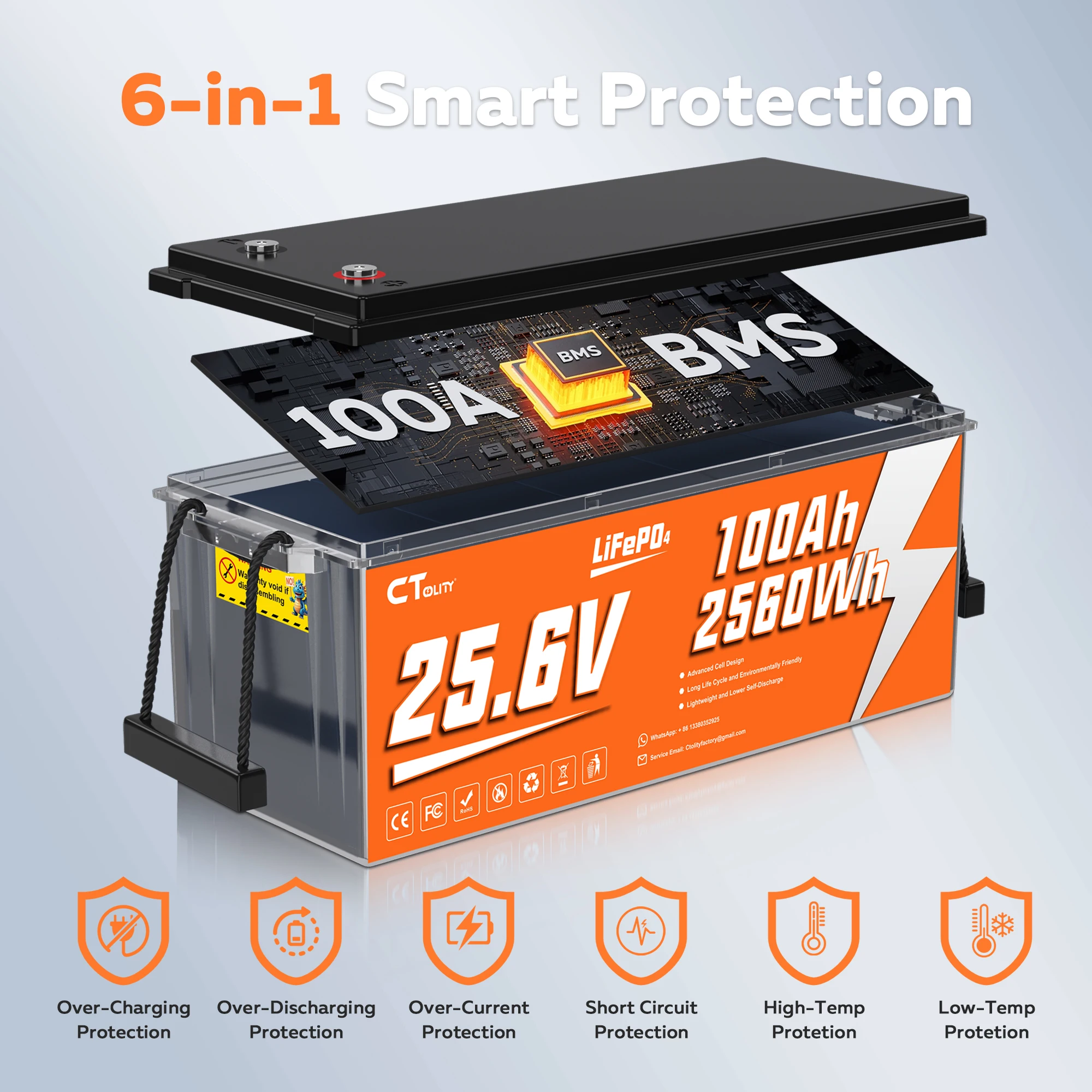 CTOLITY CT100-25 25.6V 100Ah 2560Wh LiFePO4 بطارية مدمجة 100A BMS A الصف خلايا ماكس 2560W 4000 + دورة مولد الطاقة الشمسية RV