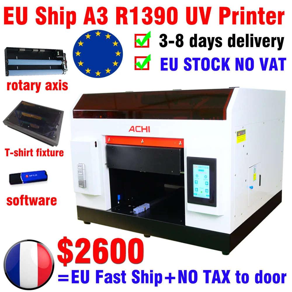 

EU Ship A3 UV Printer R1390 for Cylinder T-shirt Bottle Glass Metal Wood printing