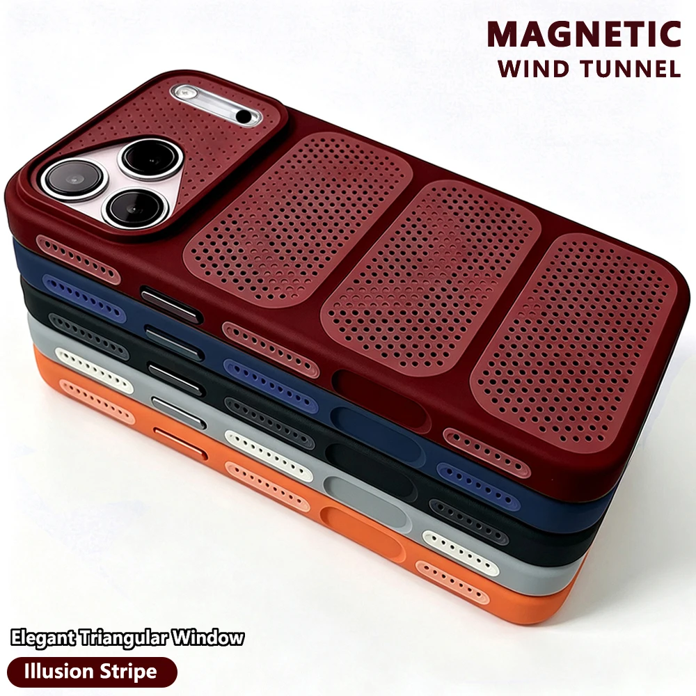 Luxury Magnetische Windtunnel Hülle Für iPhone 18 16 15 14 Plus 12 13 17 Pro Max 16E 17E Apple Magsafe Magnetabdeckung Case 5 seitige Wärmeableitungslöcher gestreiftes dreieckiges Fenster