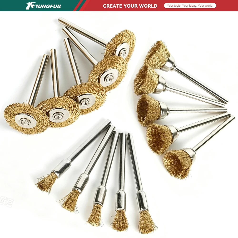 15/60pcs Brass Brush Wire Wheel Brushes 3mm Shank for Dremel Rotary Tool Grinder Electric Tool Engraver Accessories Metalworking