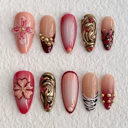 New Full Cover Reusable 10Pcs Handmade Artificial Press on Nails Girls 3D Style Almond Nail Art Salon with Set