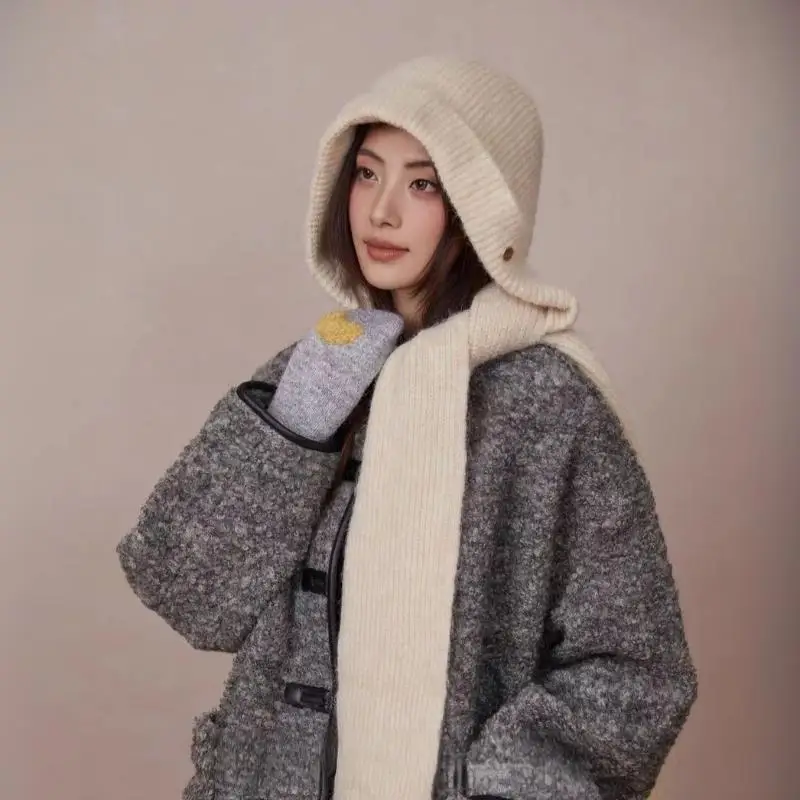 Korean Balaclava Women's Autumn Winter Warm Knitted Hooded Caps Scarf Integrated Hooded Scarf Knitted Hat Soft Warm Beanies Hats