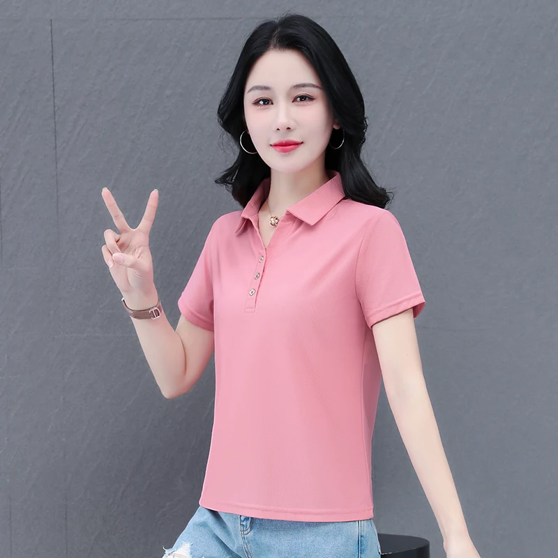 New Summer Women'S Lapel Short Sleeved T-Shirt Fashionable Comfortable Quick Drying Versatile Loose And Slimming Casual Top
