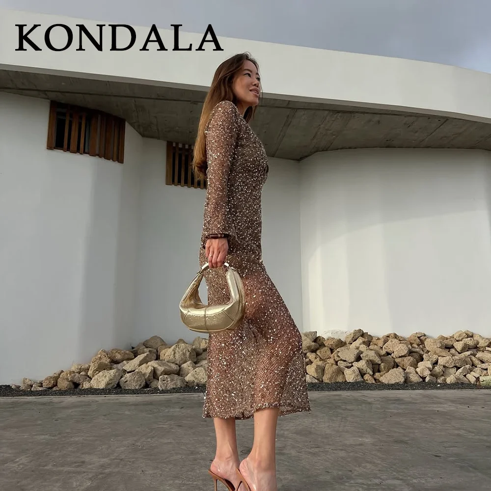 KONDALA 2025 Spring Summer Sexy Hollow Out Women Dresses Fashion Night Club Beading V Neck Slim Sheer Chic Ladies Dresses