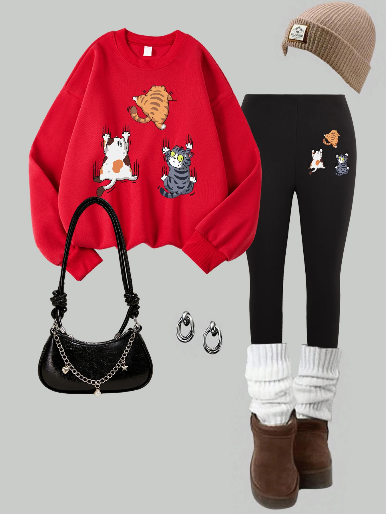Three Cats Climbing Upwards And Escaping Prints Pullover Women Autumn Fleece Sweatshirt Set Warm Leggings Soft Casual Clothing
