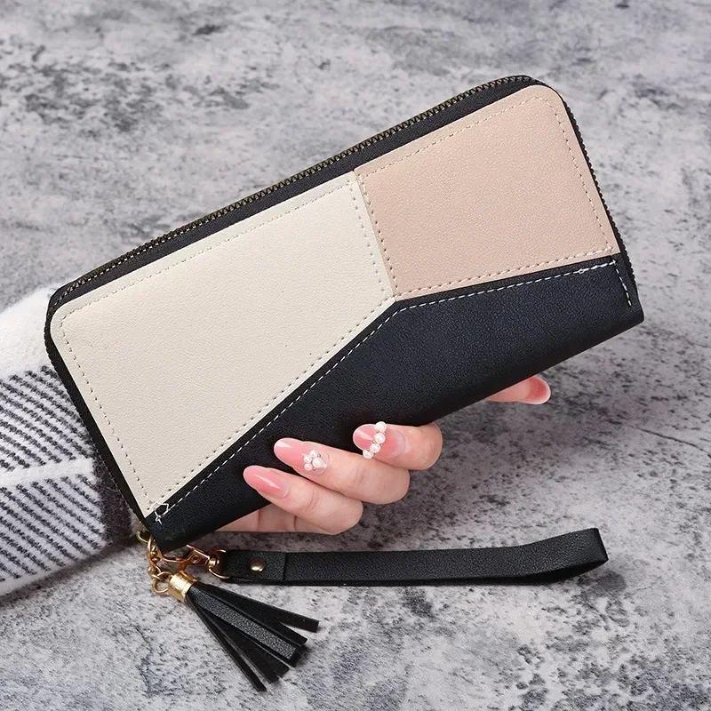 Geometric Patchwork PU Leather Women Long Zipper Wrist Purses Tassel Design Clutch Forever Young Wallet Female Card Holder