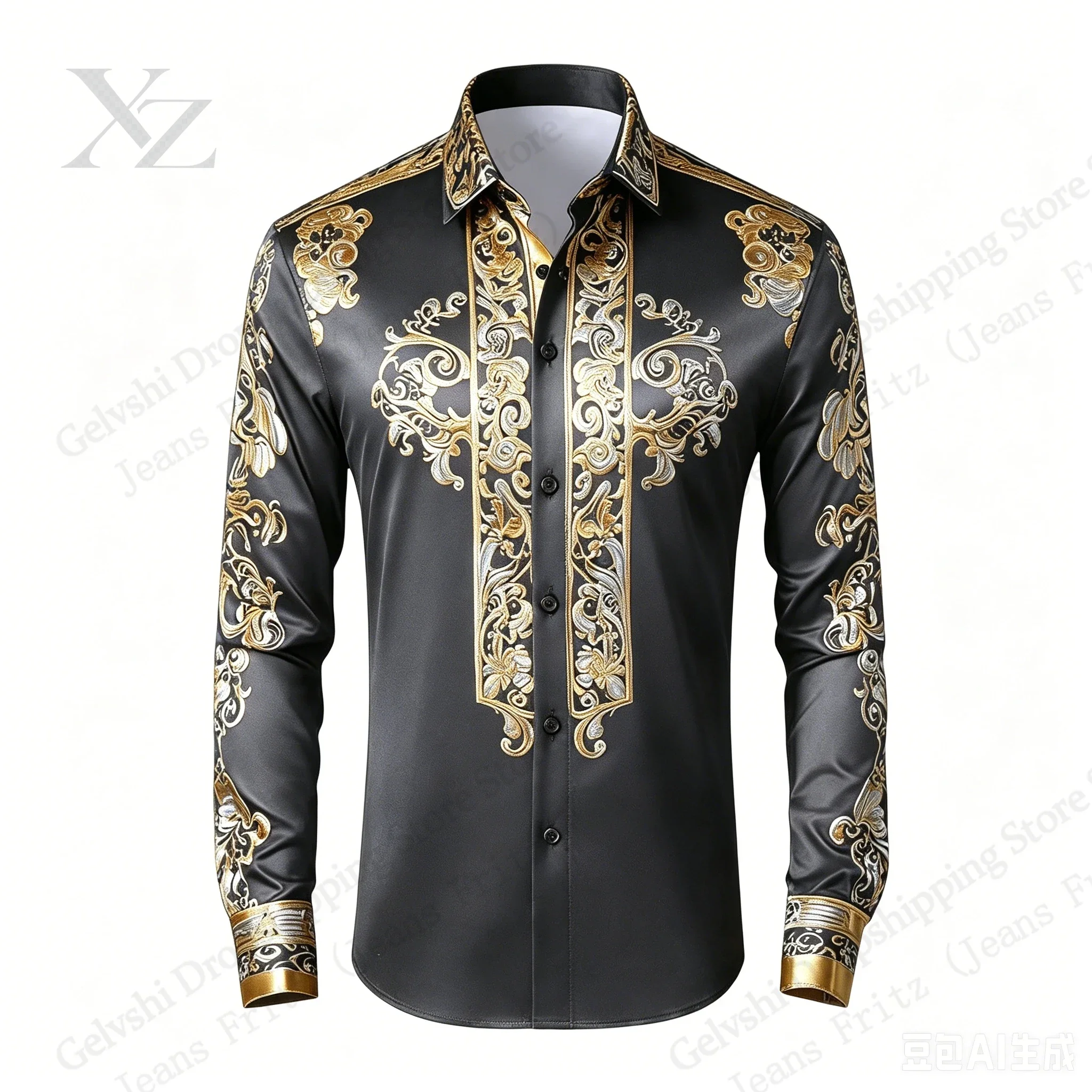 Long Sleeve Golden Shirt Baroque Luxury Pattern 3d Print Hawaiian Shirt Men Women Fashion Casual Shirt Slim Blouse Mens Clothing