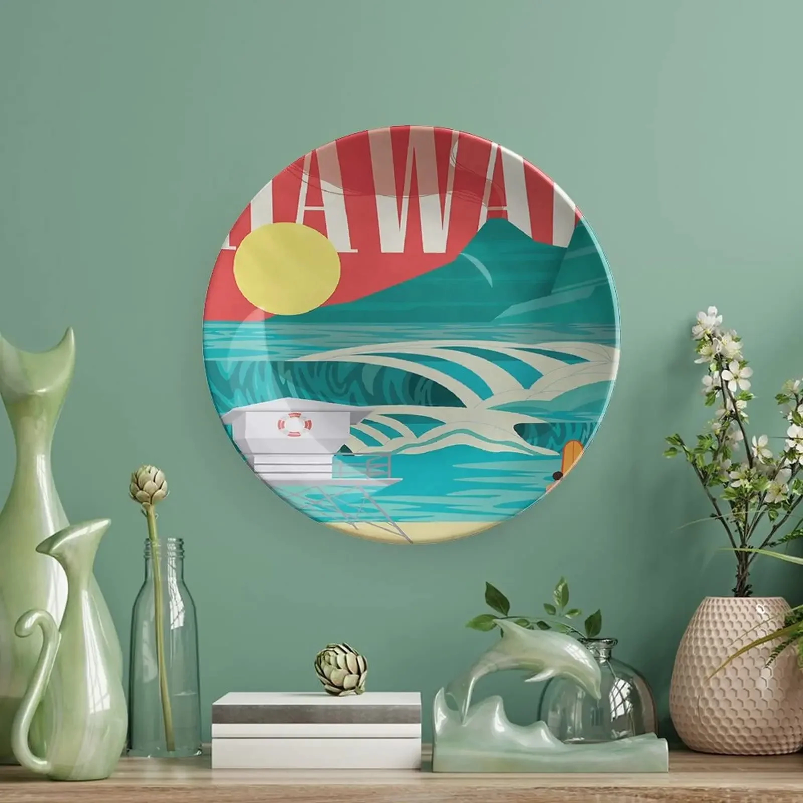 Decorative Plate,Hawaiian Round Porcelain,Hawaii Sandy Coastline Sunny Day Surfboard Tropics Print Ceramic Wall Hanging for Home