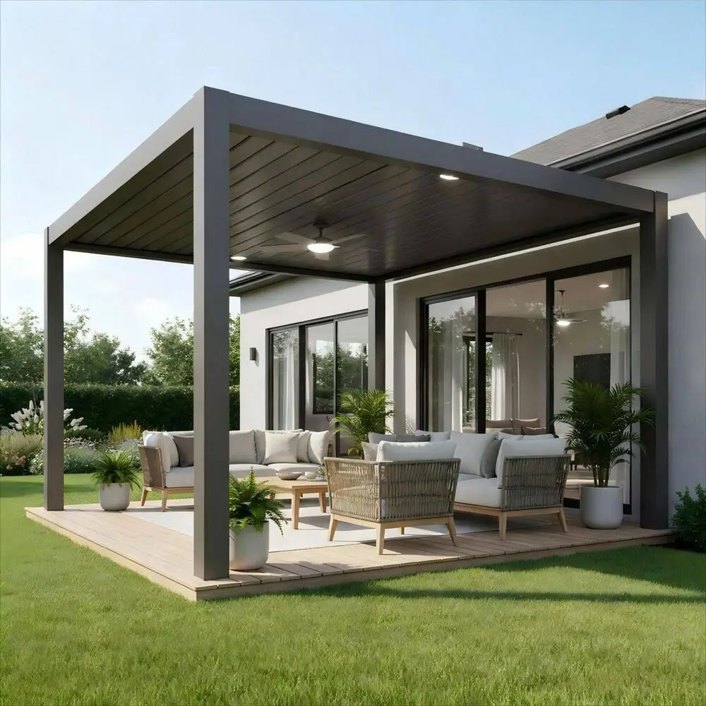 

Пергола из алюминиевого сплава на заказ с моторизованным жестким навесом-крышей с ветрозащитными ламелями для роскошного отдыха на открытом воздухе