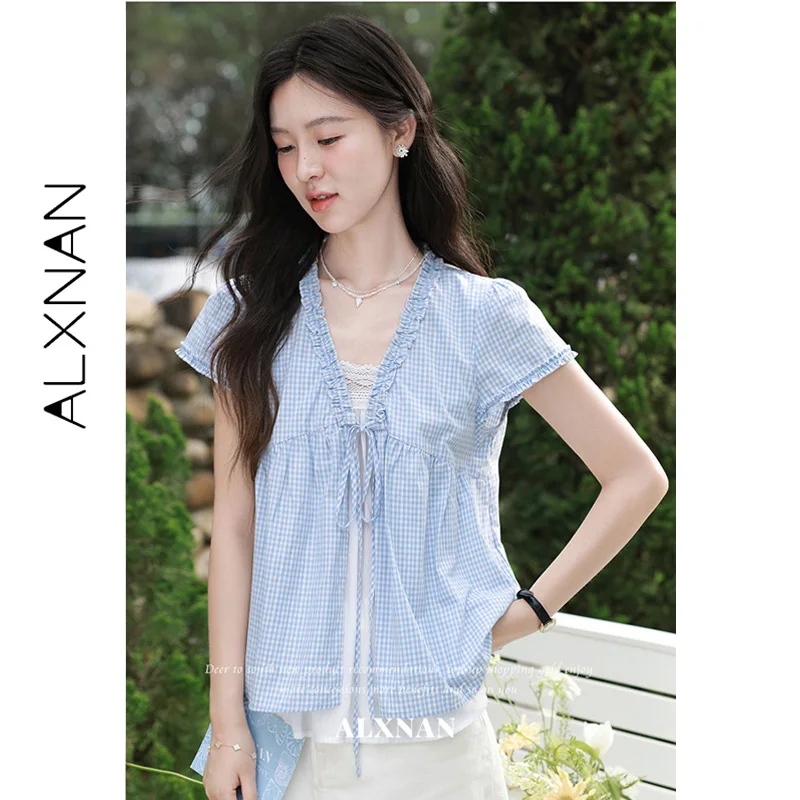 ALXNAN Blue Plaid Fake Two Piece Shirt 2026 Ruffle Trim V-neck Tie Detail Design Shirts Elegant Casual Ladies Clothing DYL662887