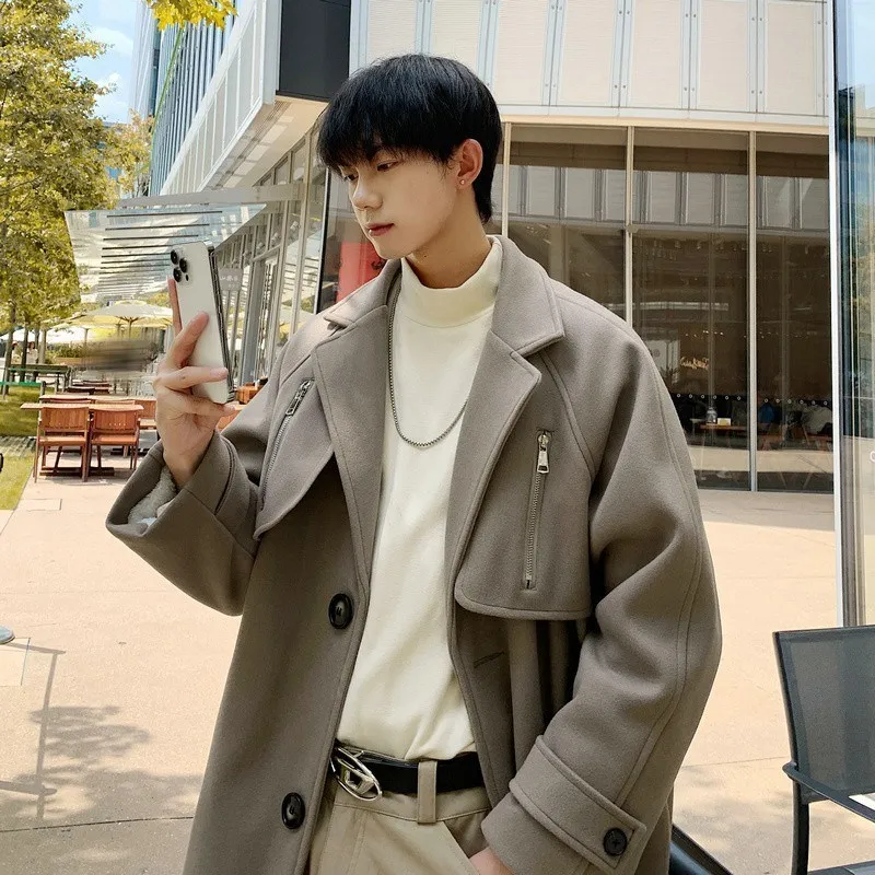 

Men's ort Thiened Woolen Coat Autumn Winter Casual Sle Korean System Windbreaker Long Length Faionable Retro Model