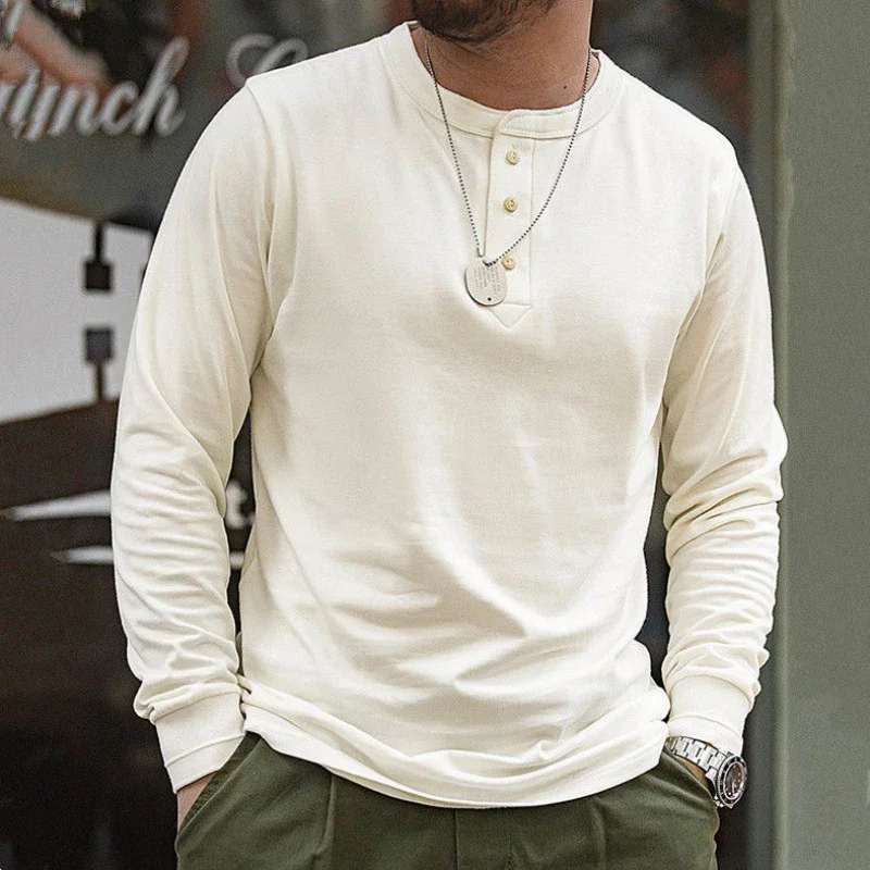 

Весенние футболки с длинным рукавом и воротником на пуговицах, мужские винтажные однотонные топы с круглым вырезом на пуговицах, повседневная мужская одежда, пуловер для отдыха