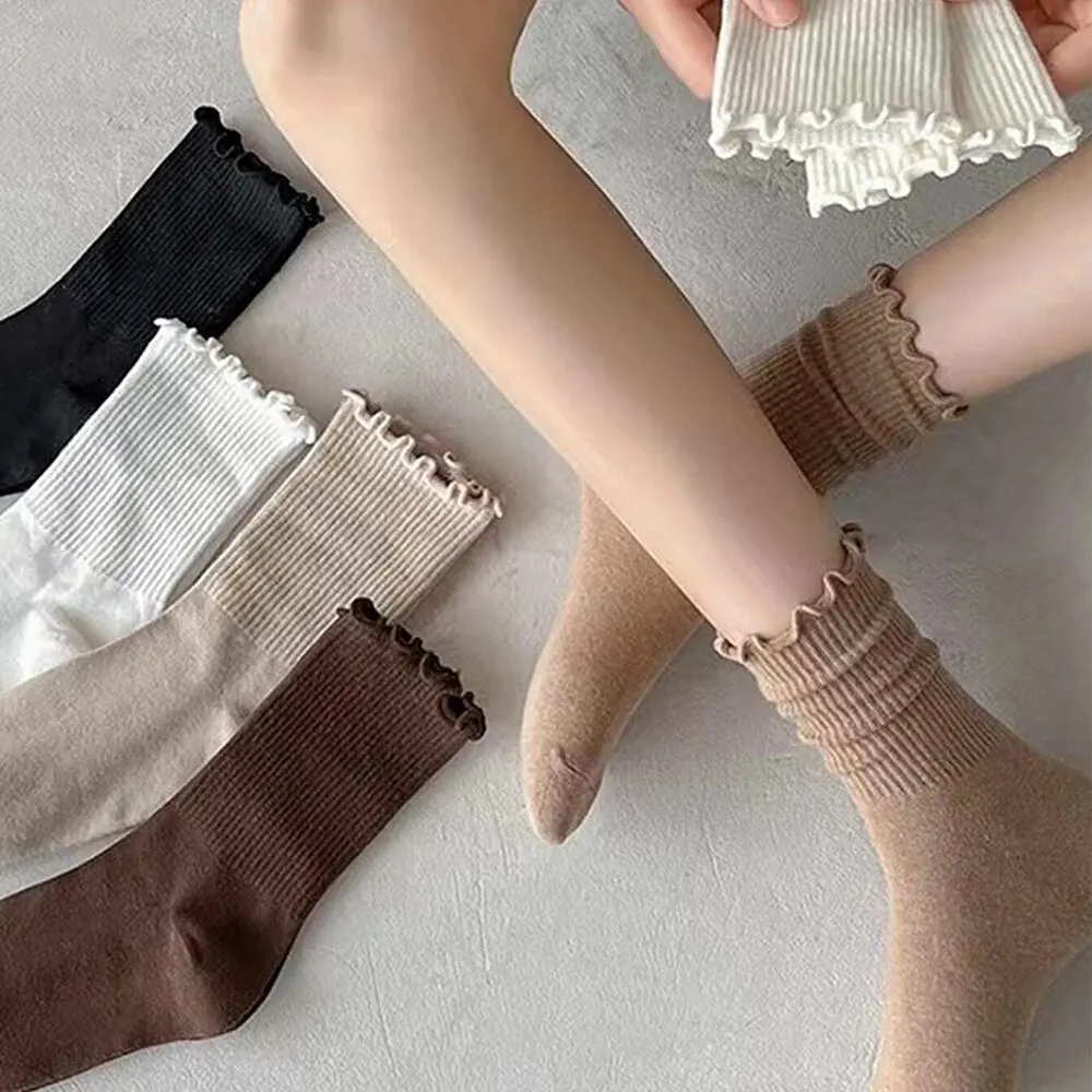 5 Pairs/Lot Ruffled Mid Length Socks Women's Breathable Solid Color Set Spring and Autumn Comfort Sweat-absorbing Girls' Socks