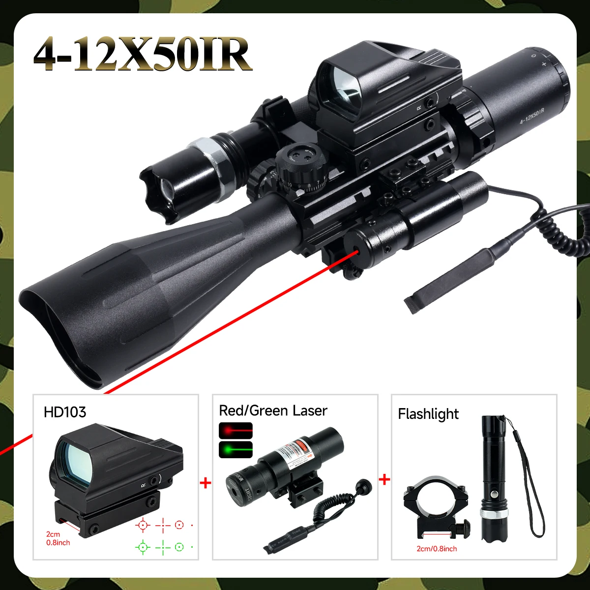 Tactical 4-12X50IR Red/Green Crosshair Reticle Optic Scope with HD103 Hunting Red Dot Sight and Laser Combo for 20mm Rail