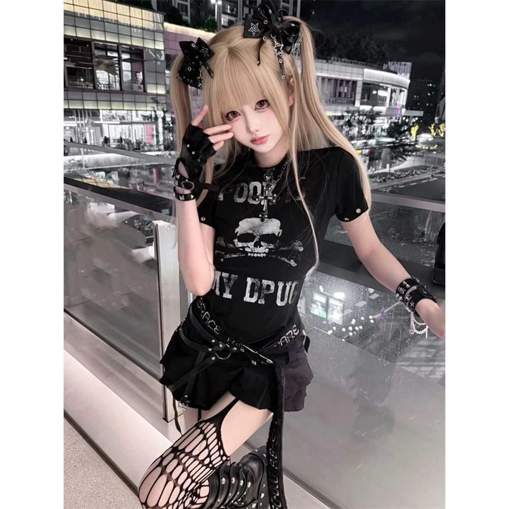 Harajuku Women's T-Shirt Short Sleeved Gothic Pattern T-Shirt Women's Clothing 2000S Clothing Y2K Summer Top Slim Fit T-Shirt