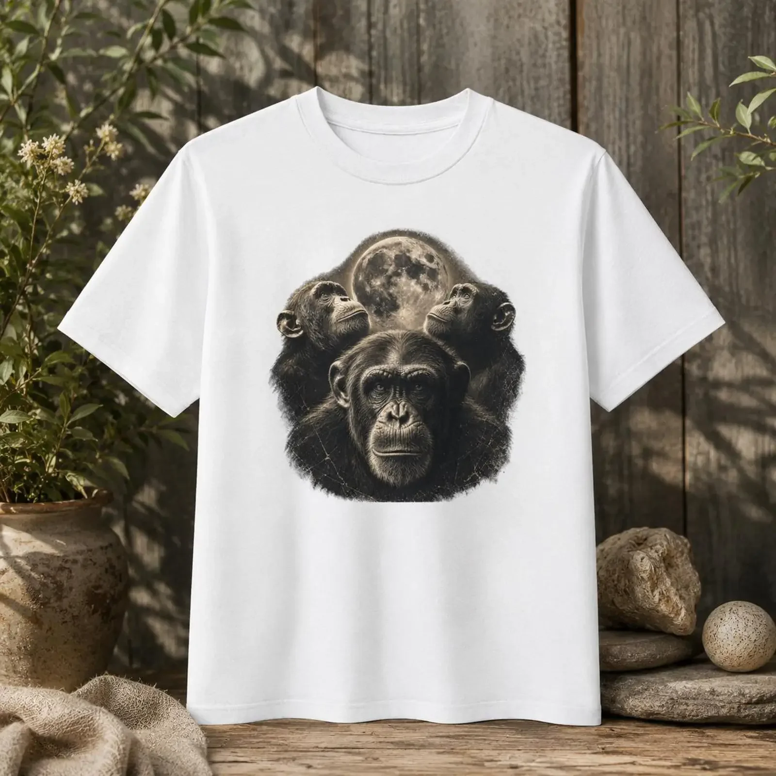 Vintage Three Chimpanzee Moon T Shirt Retro Monkey Astrology Primate Wildlife Animal Lover  vintage Washed Versatile