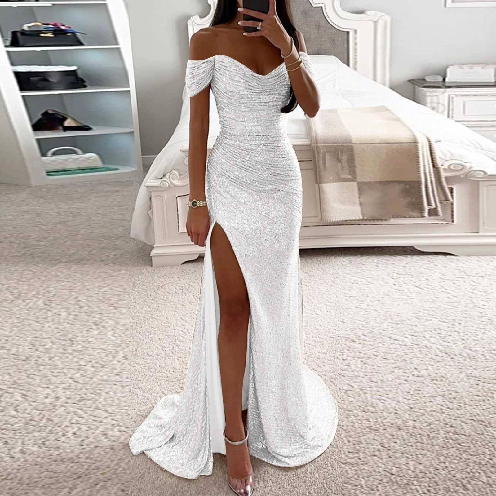 Sexy Women Dress Off-shoulder Gown Dress Sequin Pleated V-neck Maxi Slim Fit Frock Elegant Evening Club Party Prom Long Skirt