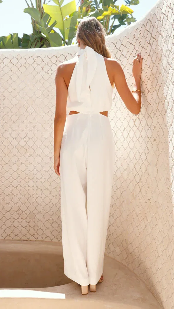 Halter Neck Jumpsuits Women Summer Solid Color Leace-up Backless Slit Wide Legs Sleeveless Jumpsuit Temperament Female Clothing