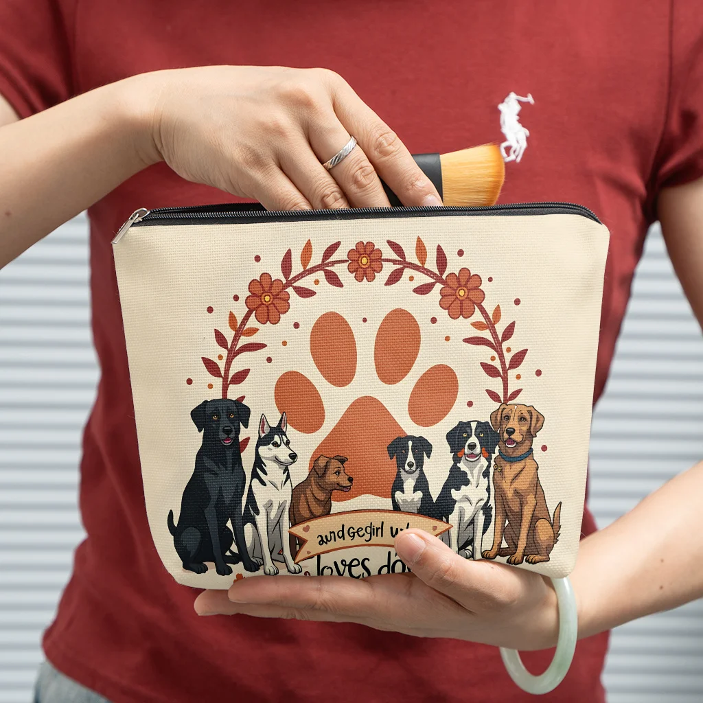

Cute Puppies Sitting Together Cosmetic Bag Themed Zippered Makeup Pouch with Multi-Color Puppy Design Travel Toiletry Organizer