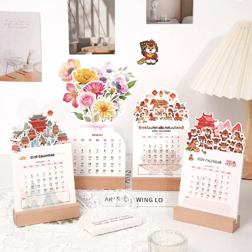 Wooden Base 2026 Desktop Calendar Detachable Base Vase Shaped Monthly Planner Floral Theme DIY Bloomy Flowers Desk Calendar