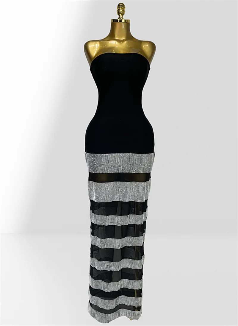 

STOCK Sparkling Diamond Sexy Mesh See-through Strapless Long DressElegant Woman Evening Party Dress Date Dinner Outfit