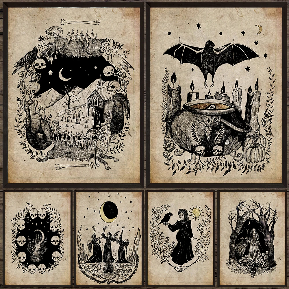 

Witch Sisters And Skeleton Animals,Vintage Wall Art Canvas Painting,Pagan Witchcraft Antiques Art Poster And Print Home Decor