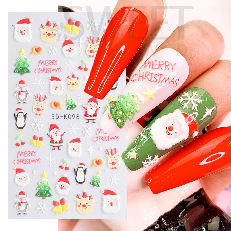 5D Embossed Christmas Nail Sticker Cartoon Gingerbread Santa Holly Snowflake Elk Bird Xmas Winter Slider Nail Decorations BE5D-K