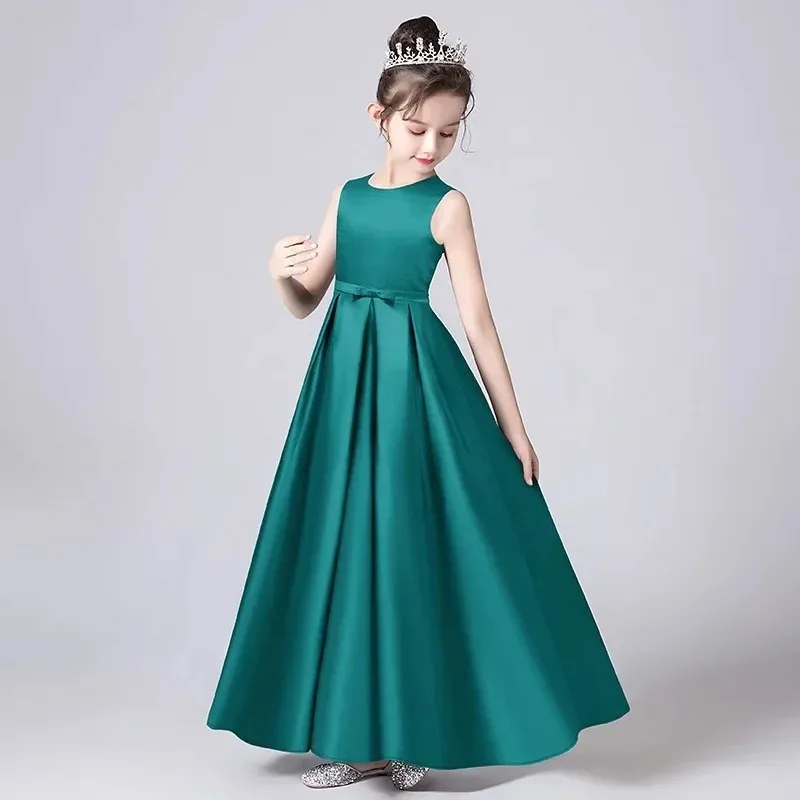 Custom Satin Sleeveless Flower Girl Dress Girls' Bow Performance Dress Formal Elegant Party Dress Junior Bridesmaid Dress