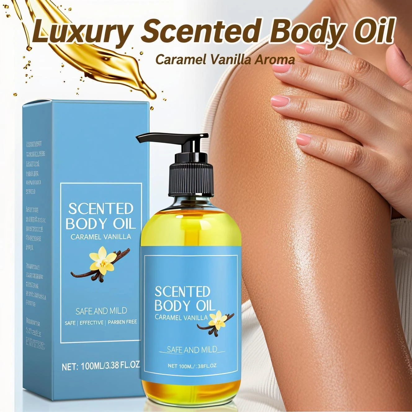 Caramel Vanilla Scented Body Oil 100ml - Shea Butter Enriched Moisturizer for Silky, Fragranced Dry Skin Care, Paraben-Free.