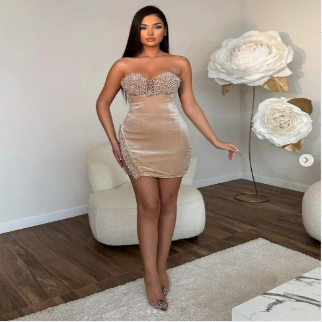 

Customized Pearls Mermaid Prom Dresses Sleeveless Mini Short Sexy Aso Ebi Evening Party Dress Girls Birthday Gowns