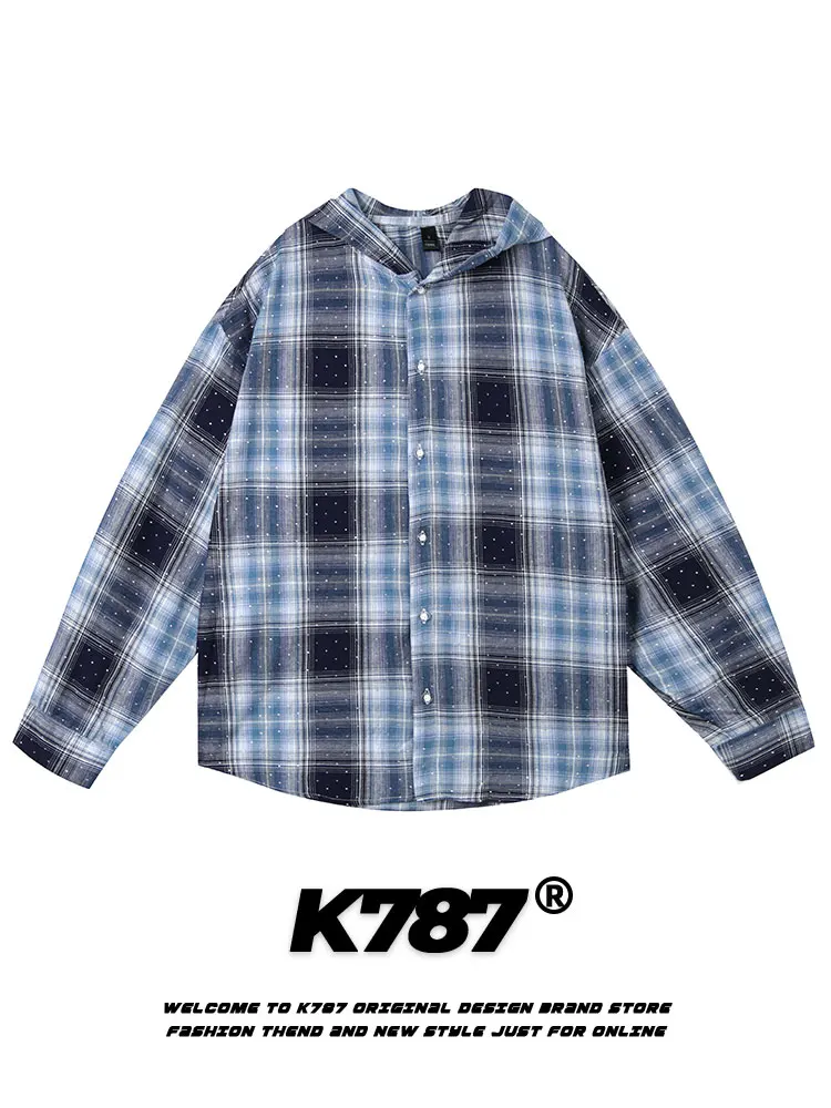 

K787 American Retro Plaid Long Sve Hooded irt Loose Fit ex Spring Autumn Casual Outerwear Polyester Viscose Spandex