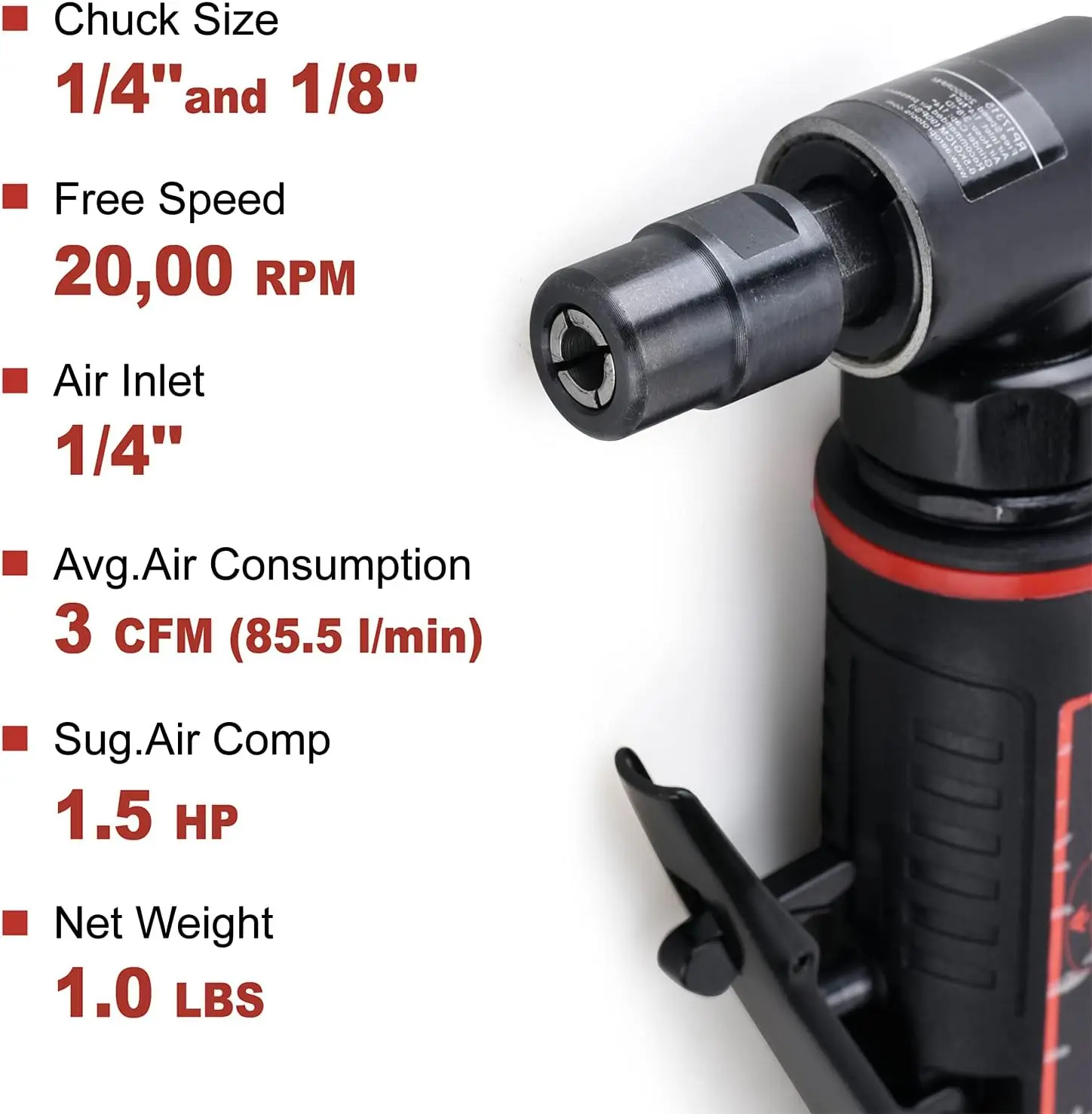 เครื่องเจียรลมแบบมือถือขนาด 1/4 นิ้ว พร้อมหัวจับดอกสว่านขนาด 1/4 นิ้ว ความเร็ว 20,000 รอบต่อนาที สำหรับงานเจียรและขัดความเร็วสูง