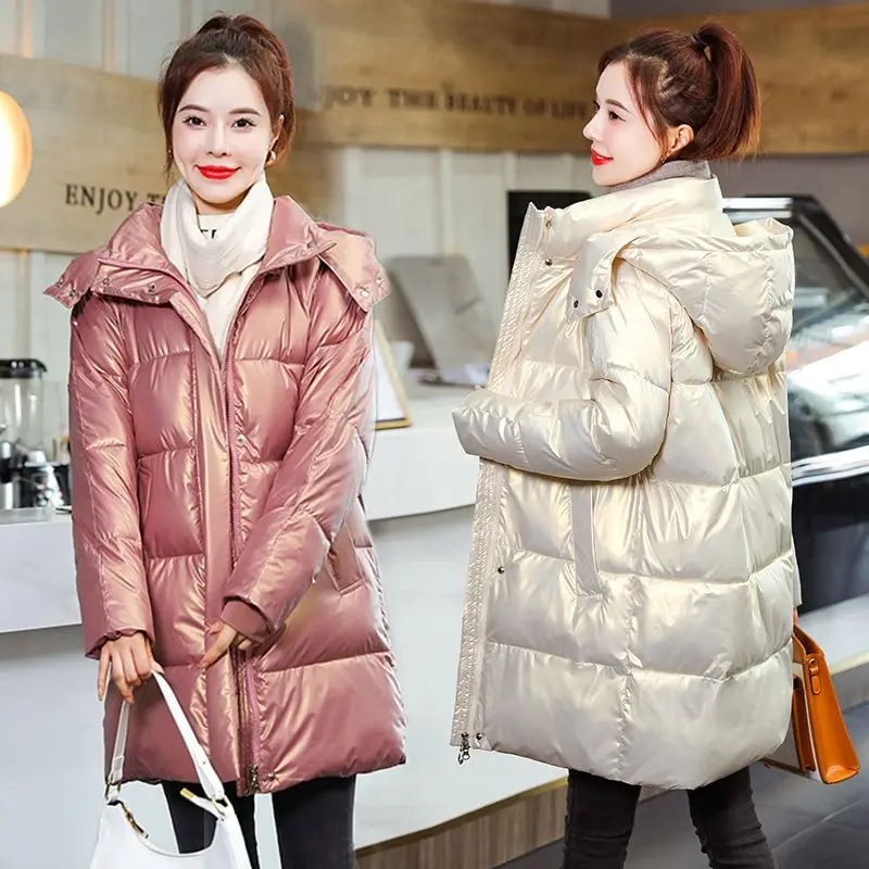 2023 New Women Down Cotton Coat Winter Jacket Female Mid Length Wash Away Brightening Face Parkas Loose Outwear Hooded Overcoat