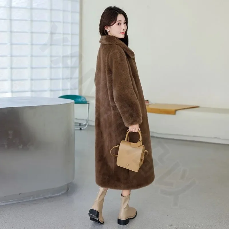 Casaco de pele sintética feminino inverno imitação de vison casaco de meia idade feminino casacos de vison de comprimento médio integrado casaco solto