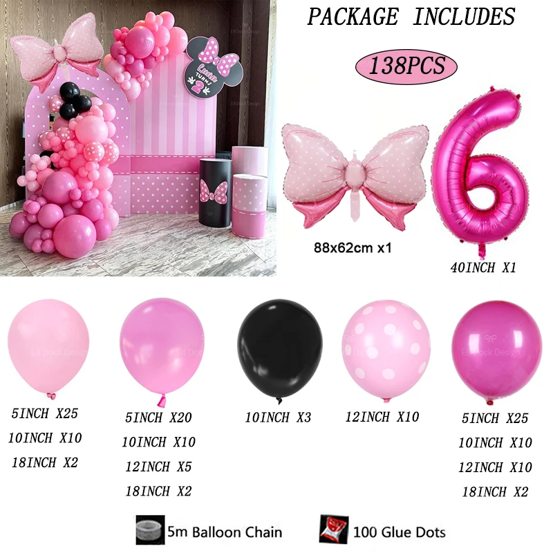 138-teiliges Cartoon Mini-Ballon-Girlanden-Set Rosa Schleifenballons Rosenrote Zahlen Mädchen Geburtstagsparty Deko Baby-Shower Geschenke Zubehör – Detail 6