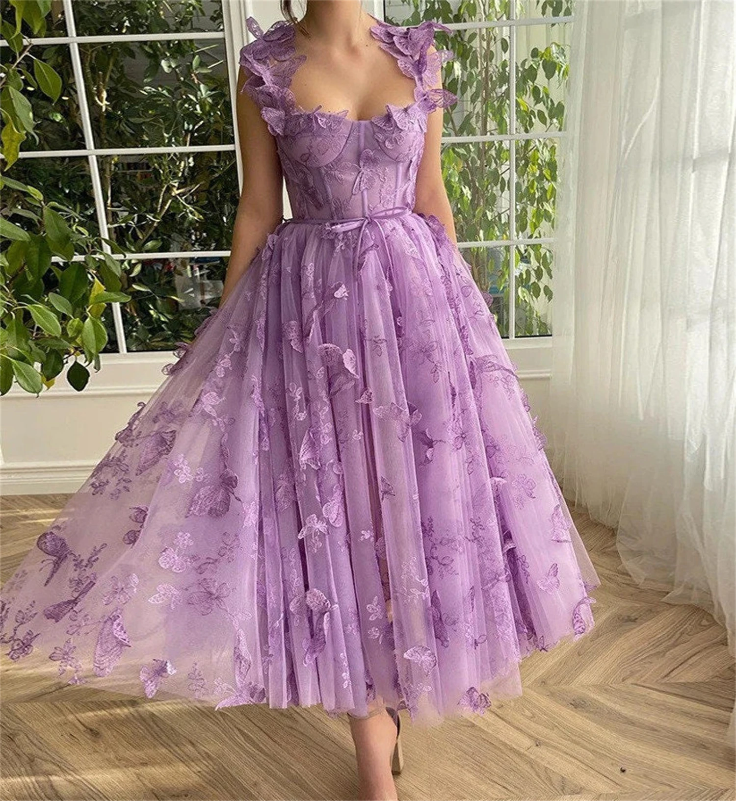 Aileen Butterfly Applique Party Dress for Wedding Guest Dresses for Women Evening Dress Graduation Gown Lavender Sleeveless Lace