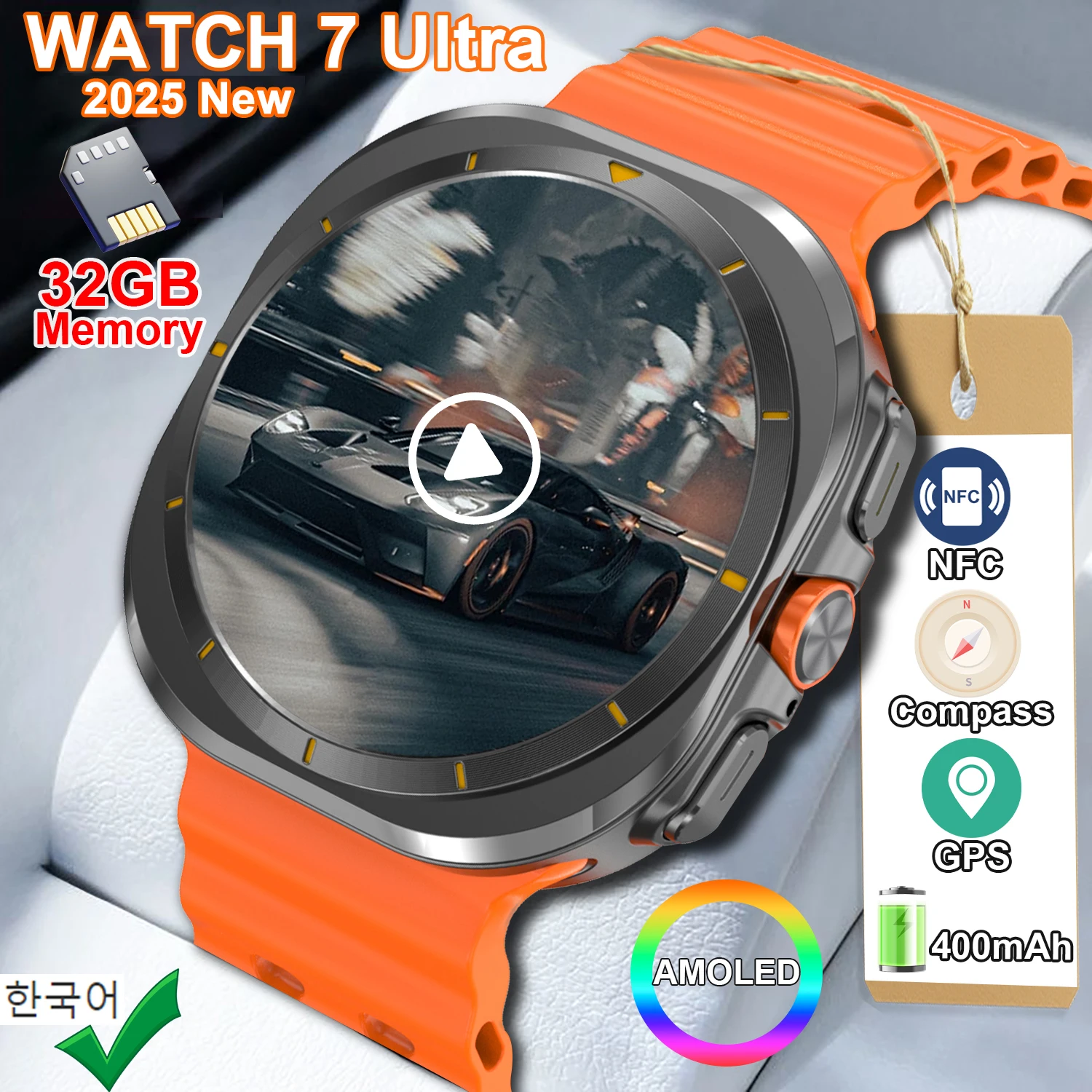 2025 New Watch 7 Ultra Smart Watch Men 32GB Memory 3D Video Display Sports SmartWatch GPS NFC Compass Blood oxygen Smartwatch