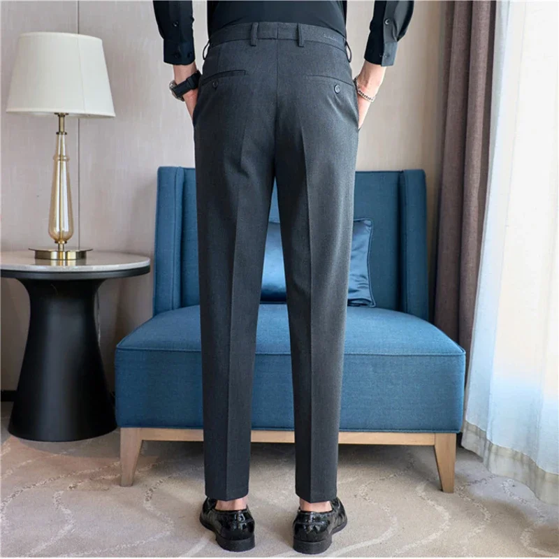 Stretch waist, men's business casual formal trousers, solid color fine embroidery ankle length trousers 28-38