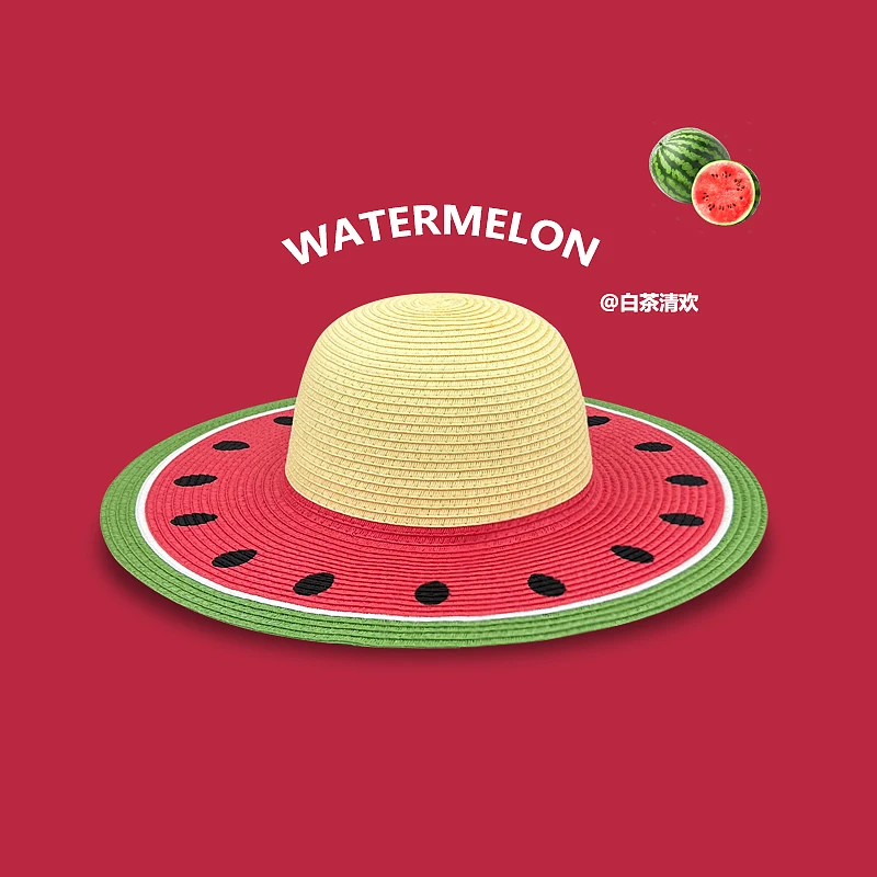 

New Personalized Fruit Print Big Brim Straw Hat Women's Summer Vacation Seaside Vacation Shading UV Protection Foldable Sun Cap
