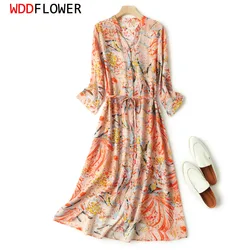 Women 100% Natural Silk Crepe Silk Beige Floral printed shirt Dress half sleeve split neck with belt midi dress L XL FF011