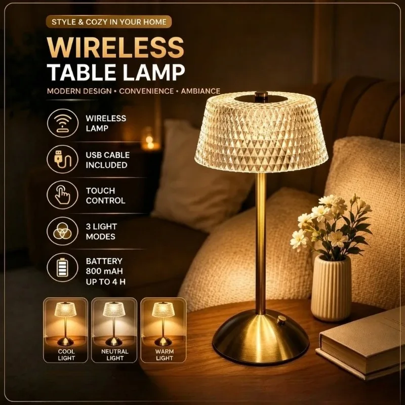 Eye Protection LED Table Lamp, Retro Diamond Glass USB Rechargeable, for Bar Bedroom Hotel Office Wedding Cafe Home Decor